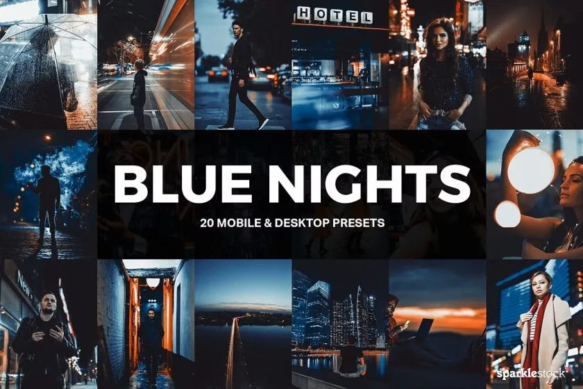 20款黑金城市夜景喜怒无常蓝橙色调摄影调色LR预设LUT预设 20 Blue Nights Lightroom Presets